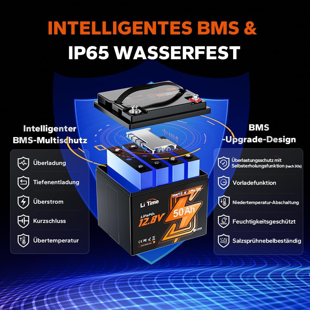 LiTime LiFePO4 12V 50Ah Bluetooth Lithium Batterie mit Tieftemperaturschutz, 50A BMS, Max. 15000 Zyk