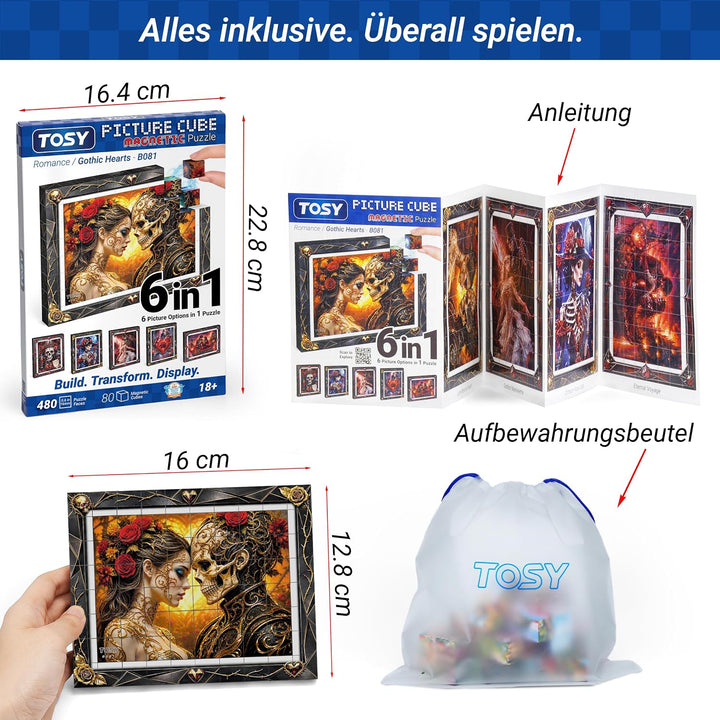 TOSY Picture Cube Gothic Hearts: 6-in-1 magnetisches Bilderpuzzle, 80 Blöcke, 480 Puzzleflächen, 1,5