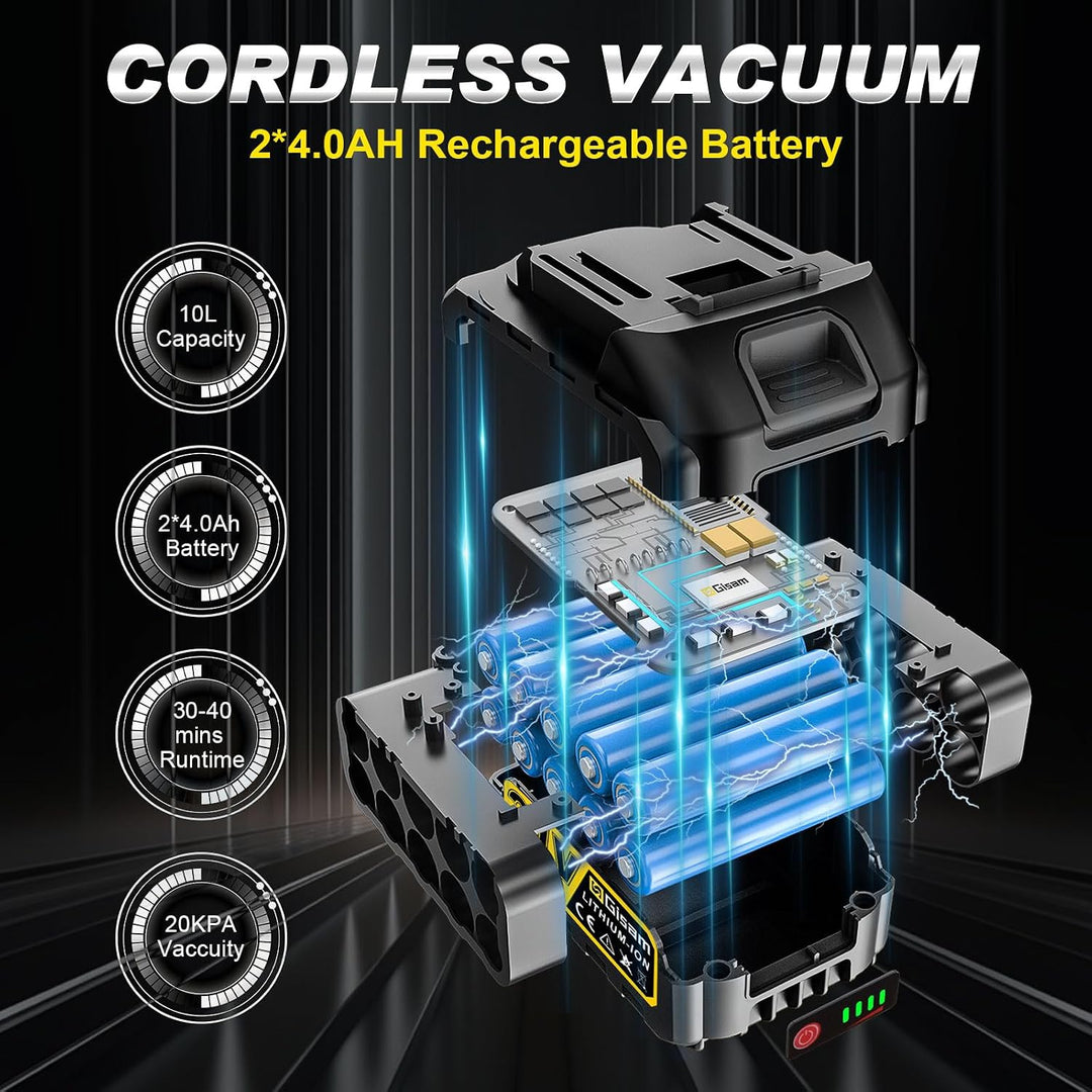 Gisam Akku Nass und Trockensauger, 3000-W-Bürstenlosmotor, 2 x 4,0Ah, 3-in-1-Werkstattstaubsauger mi