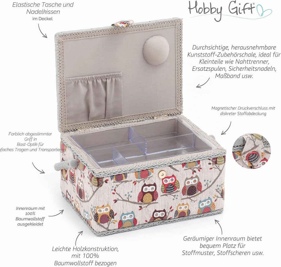 Hobby Gift Nähkästchen Mittel Set mit Griff - Nähkorb aus Baumwolle mit Fächern für Nähzubehör &amp; Wer
