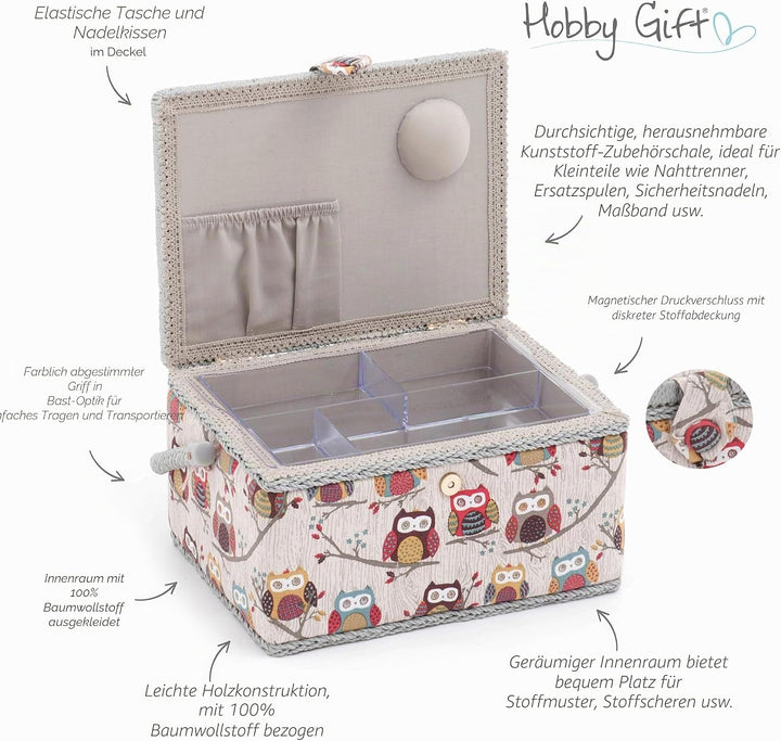 Hobby Gift Nähkästchen Mittel Set mit Griff - Nähkorb aus Baumwolle mit Fächern für Nähzubehör &amp; Wer
