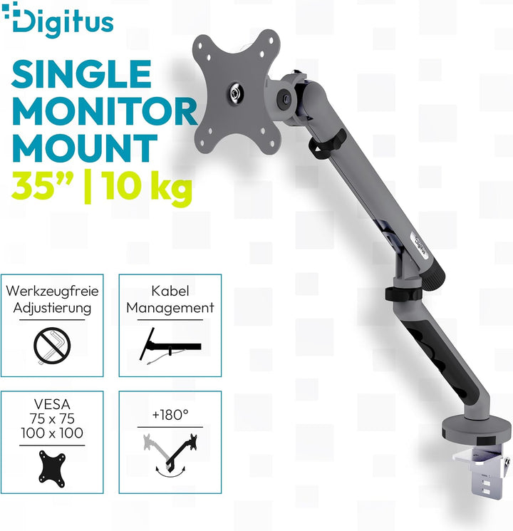 DIGITUS Monitor Halterung 1 Monitor – bis 35 Zoll – mechanische Feder Grau 1 Monitor, Grau 1 Monitor