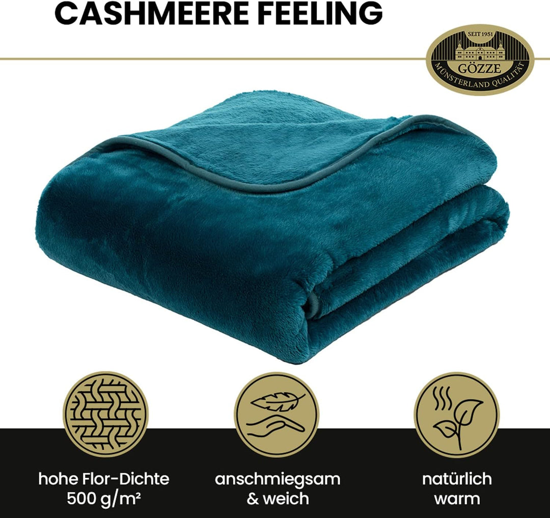 Gözze - Premium Cashmere-Feeling Wohn- und Kuscheldecke, 500 g/m², 220 x 240 cm - Petrol Petrol 220