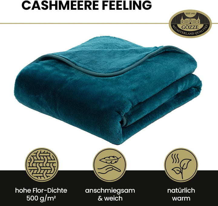 Gözze - Premium Cashmere-Feeling Wohn- und Kuscheldecke, 500 g/m², 220 x 240 cm - Petrol Petrol 220