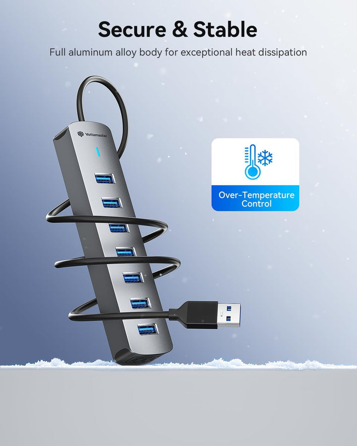 Yottamaster 7-Port USB Hub 3.0 mit 100cm Kabel für Desktop, 5V 3A Aluminium USB Verteiler 5Gbps Mult