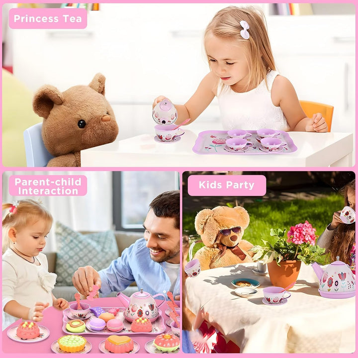 Teeservice Kinder, 46 Teile Puppengeschirr Kinderküche Tin Teekanne Set, Spielküche Zubehör für Kind