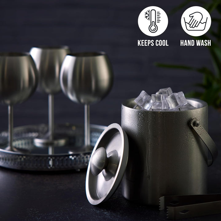 Eiche &amp; Stahl - 2 Eiskübel mit Deckel und Zange - Doppelwandiges Bar-Eiskübel-Set 2L - Edelstahl Eis