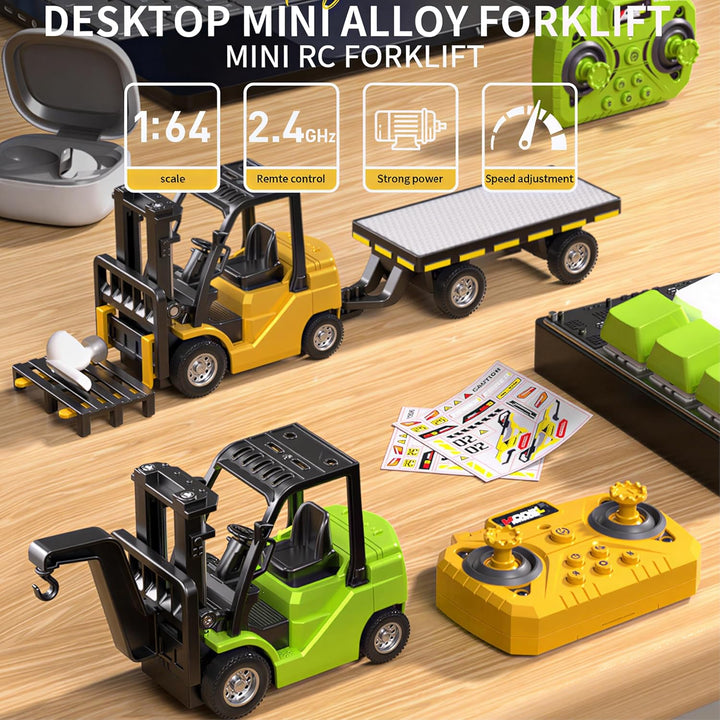 Mini RC Gabelstapler mit Anhänger, 11 Kanal Ferngesteuerter Stapler Gelb - Mini Gabelstapler mit Anh