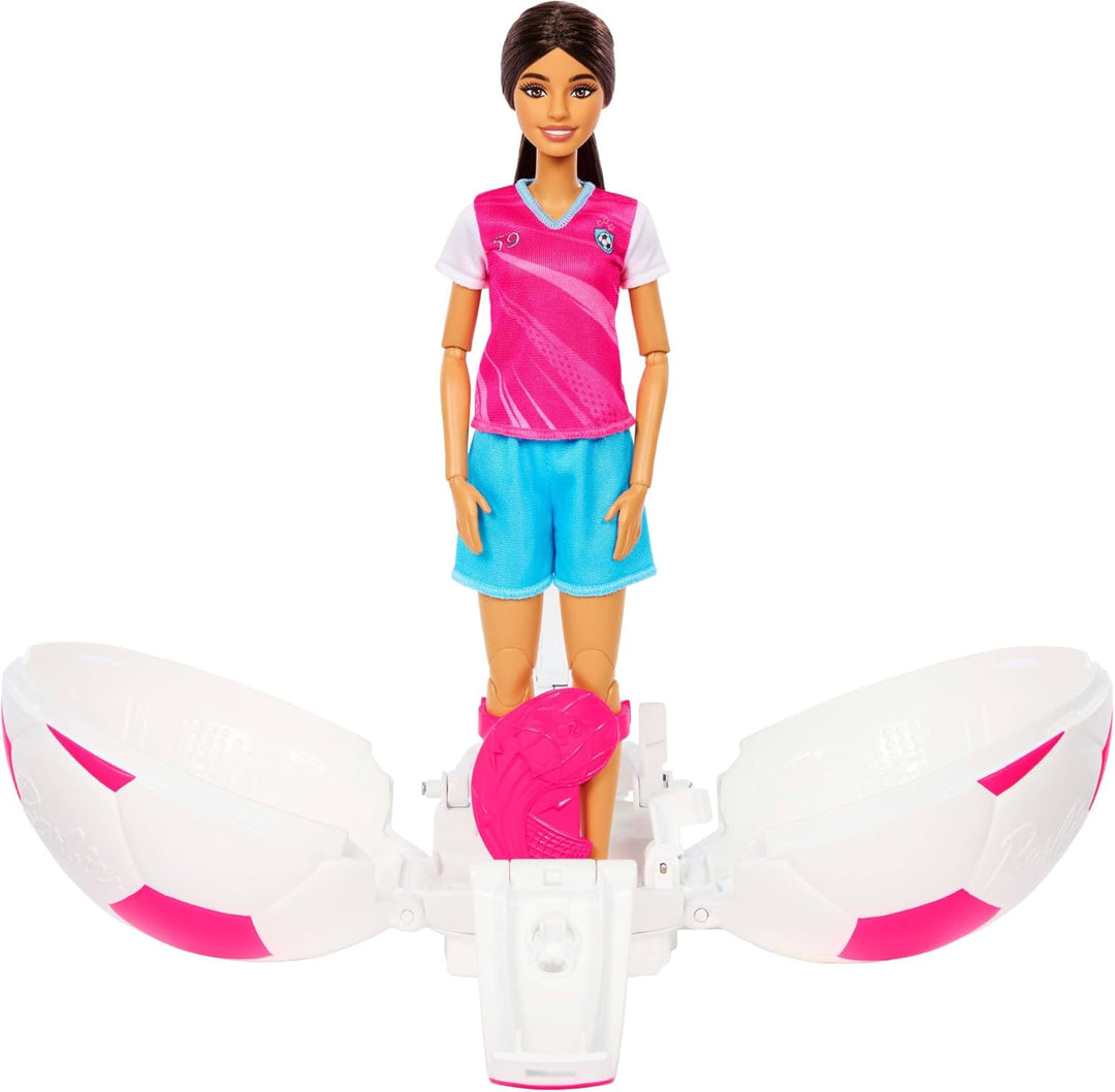 Barbie Team Roll &amp; Reveal Fussballspielerin-Puppe und Zubehörteile mit brünetter Modepuppe, 8 Überra