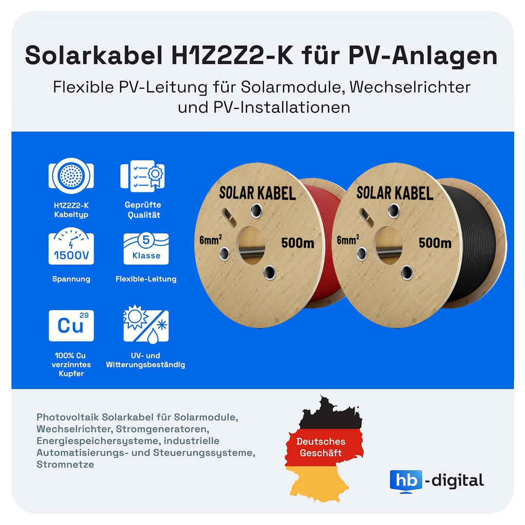 HB-DIGITAL 2x 20m 6mm² Solarkabel Verlängerungskabel Kabelpaar für Photovoltaik Anlagen H1Z2Z2-K mit