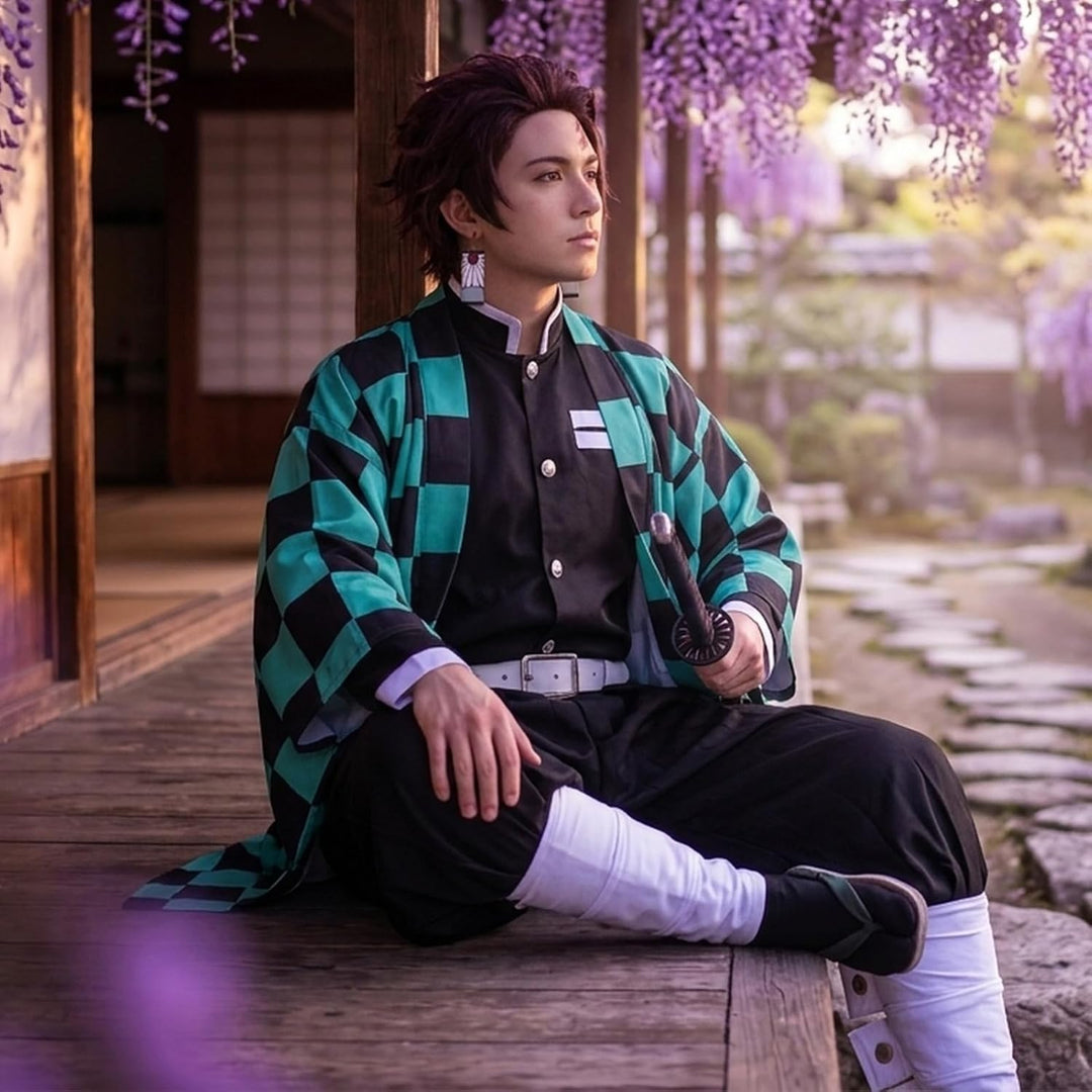 Alaiyaky Tanjirou Cosplay Kostüm mit Earrings, Demon Slayer Tanjirou Cosplay Kimono Halloween Jacke