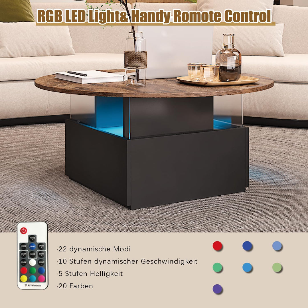 KEEPREAPER Couchtisch rund, Wohnzimmertisch mit 16-Farbiger LED Beleuchtung, für Wohnzimmer 80 x 80