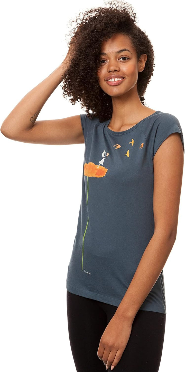 FellHerz Damen T-Shirt Schwalbenzug Blau-Grau Bio Fair und Vegan XS Blau, XS Blau