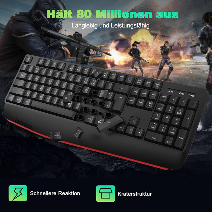 cimetech Tastatur Maus Set Kabellos, 2.4G Ergonomische Funktastatur mit Maus mit Handballenauflage u