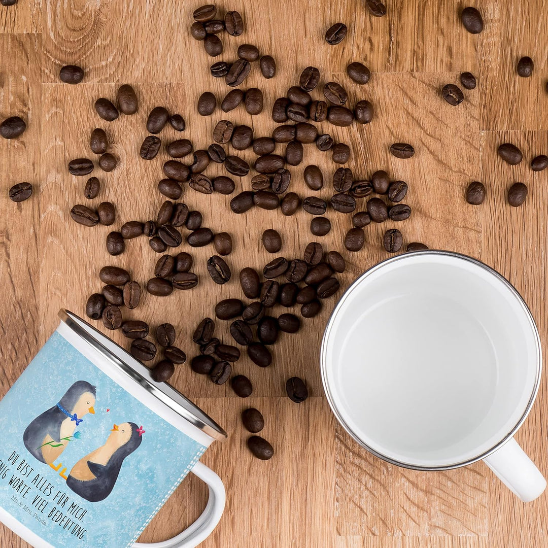 Mr. &amp; Mrs. Panda Camping Emaille Tasse Pinguin Pärchen - Geschenk, Tasse Emaille, Liebespaar, Liebes