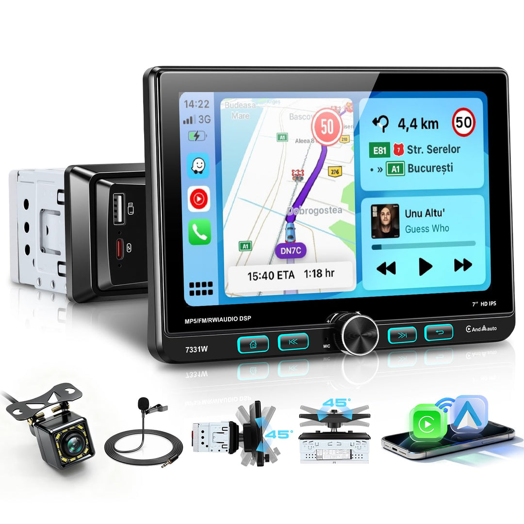 VECHTEL 7" Autoradio 1 Din mit Verstellbarer Touchscreen Wireless Carplay Android Auto,FM/AM/RDS Rad