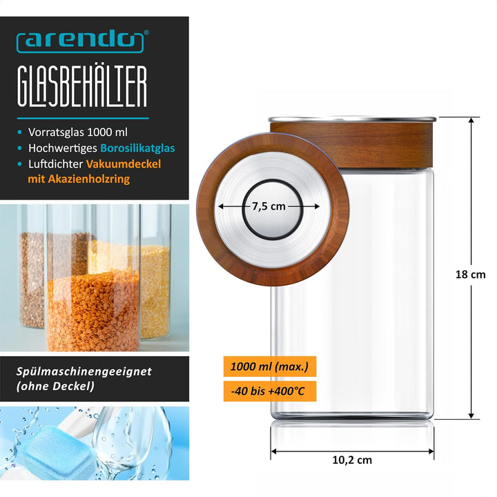 Arendo - Vorratsglas mit Vakuumdeckel luftdicht – rund – 1000 ml – Borosilikatglas – Silikondichtung