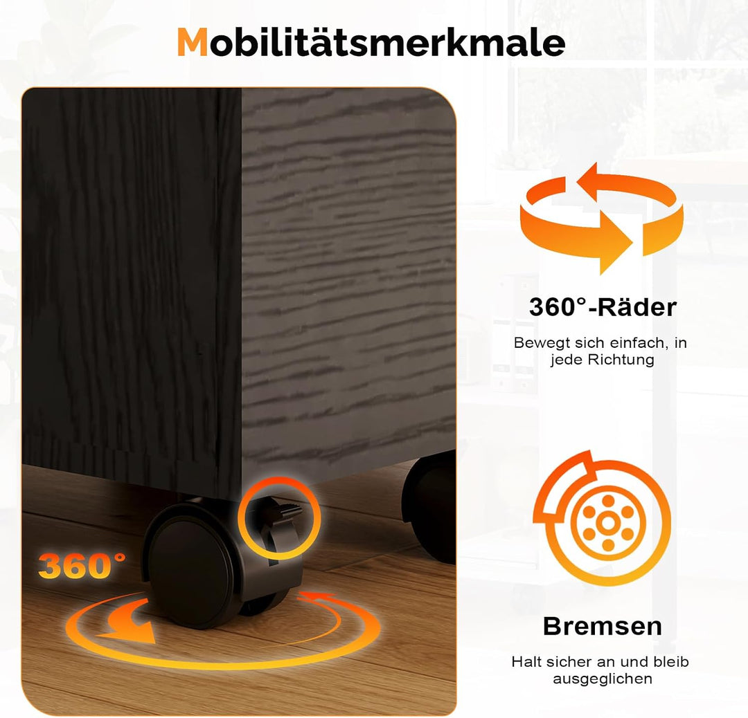 Bonnlo mobiler Aktenschrank 2 Schubladen für Büro,Homeoffice, schwarz,Holz, Schwarz