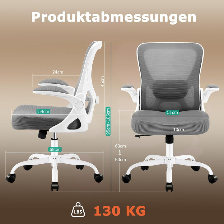 Ergonomischer Bürostuhl mit hochklappbaren Armlehnen, Grau, Grau
