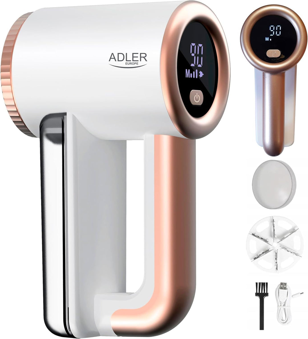 ADLER EUROPE AD 9617 Fusselentferner mit LCD-Display – 3 Geschwindigkeiten, Wiederaufladbarer 3,7V 2