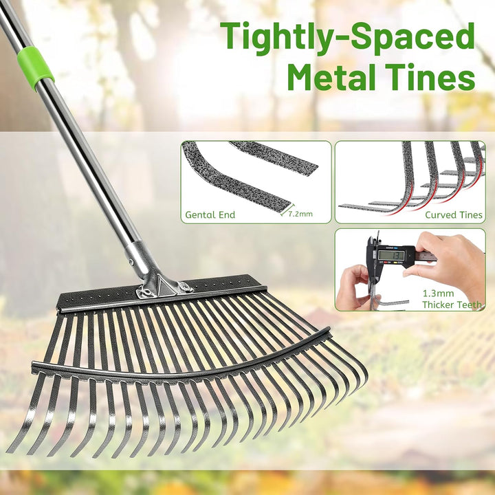 DBREAKS Gartenrechen Verstellbar 191cm 25+11 Zinken mit Handschuhen (Grün), Grün
