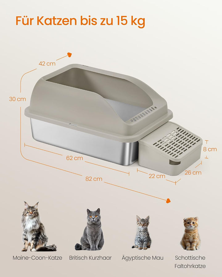 Feandrea Katzenklo Edelstahl XXL, Offene Katzentoilette mit Hohem Rand und Treppe, Geruchsneutral, m