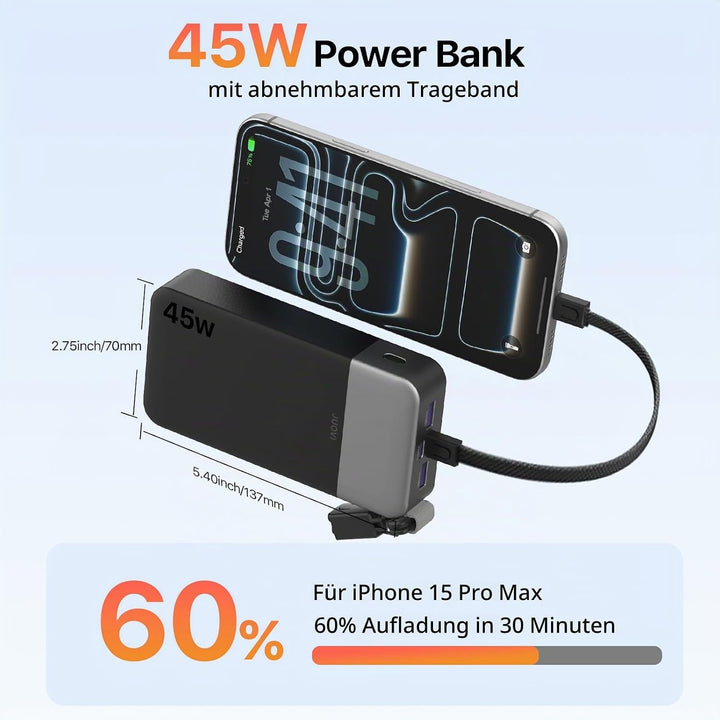 JUOVI Power Bank, Powerbank 20000mAh 45W Schnellladen Externe Handyakkus Schwarz 45W with Cable, Sch