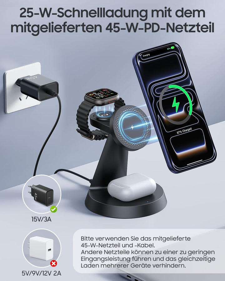 Meifigno 25W 3-in-1 Induktive Ladestation für Apple Watch und iPhone, Black, Black