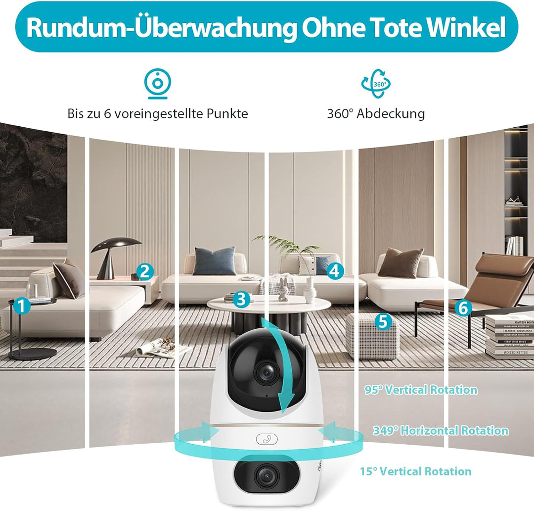 Dahua Dual-Lens Pan Tilt Innenkamera 3+3MP, 2.4/5GHz WLAN, KI Personen-/Tiererkennung, Farbnachtsich