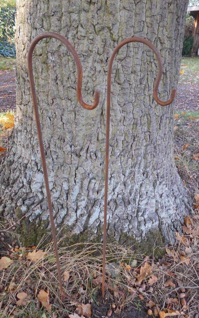 2er-Set Gartenstab m. Haken Laternenhaken u. Doppelspiess Eisen Rost 90