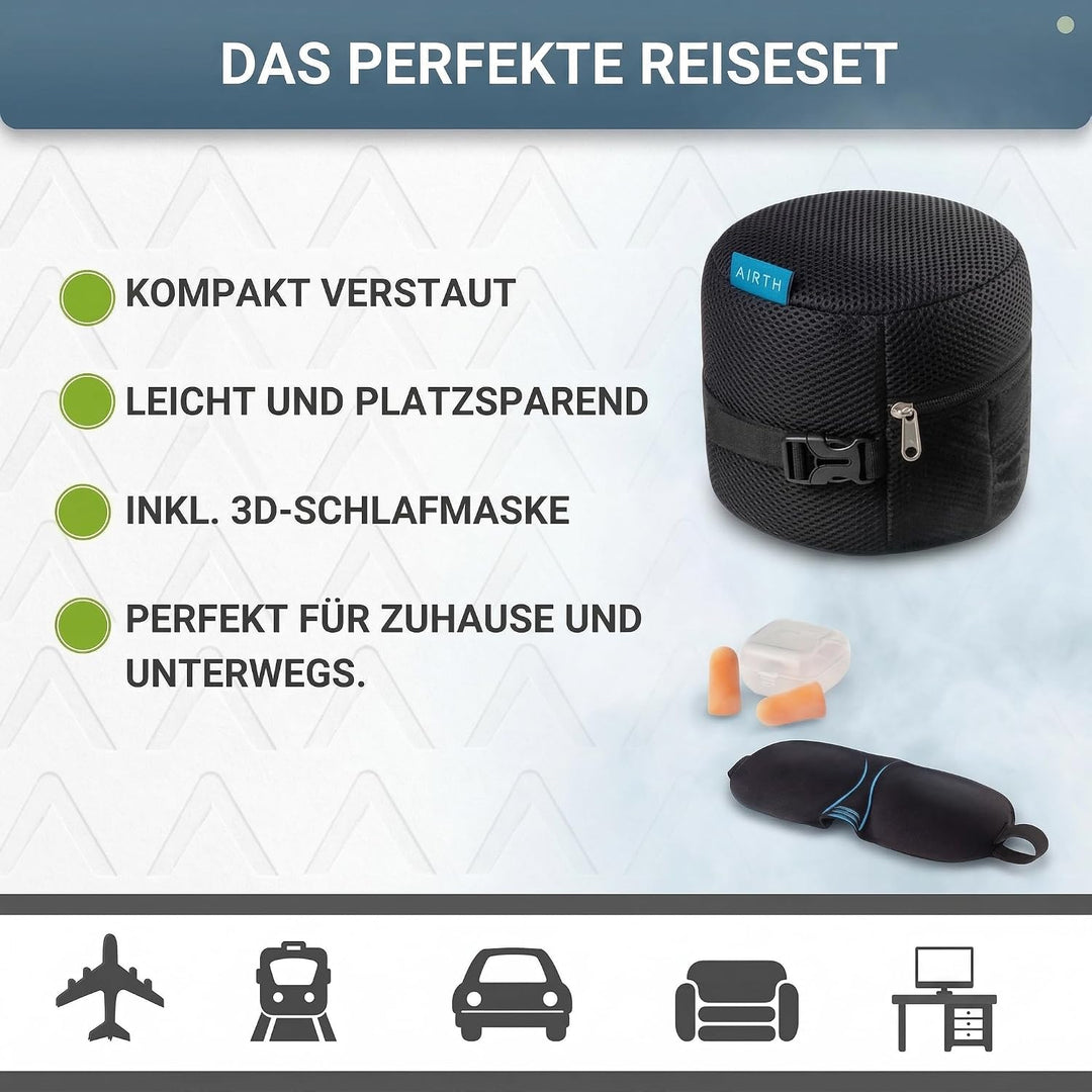 AIRTH Premium Reise-Nackenkissen – Ergonomisches Nackenhörnchen aus Memory-Schaum | Samtweich, kompa