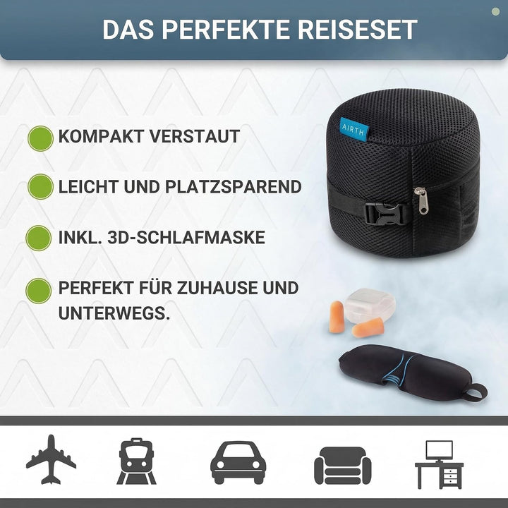AIRTH Premium Reise-Nackenkissen – Ergonomisches Nackenhörnchen aus Memory-Schaum | Samtweich, kompa