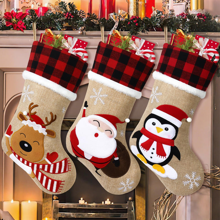 LOMOHOO 3 Stück Weihnachtsstrümpfe 46cm/18Zoll Grosse Bestickte Weihnachtsstrümpfe mit Weihnachtsman