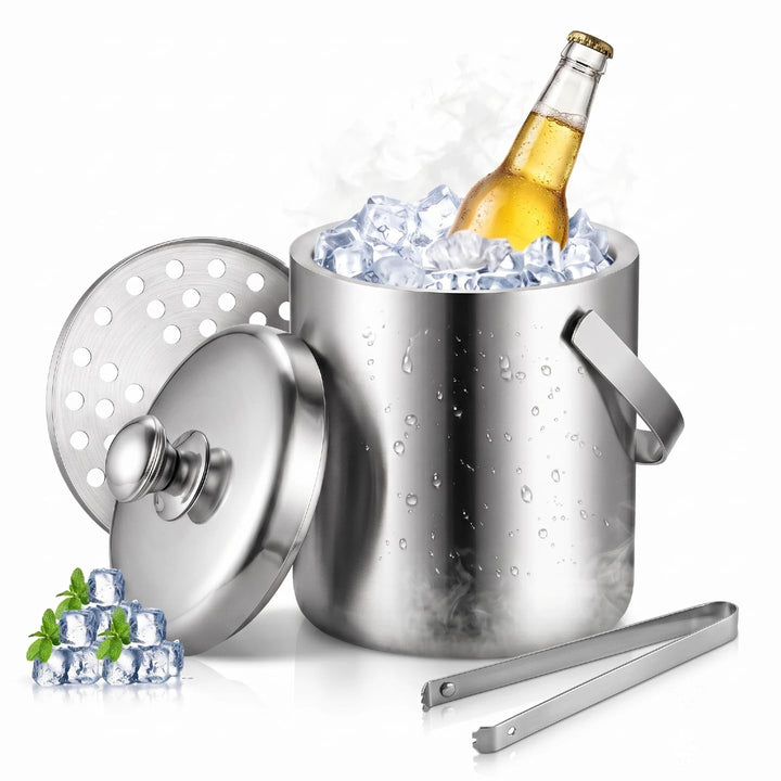 1,3L Edelstahl Eiswürfelbehälter mit Deckel, Sieb &amp; Eiszange