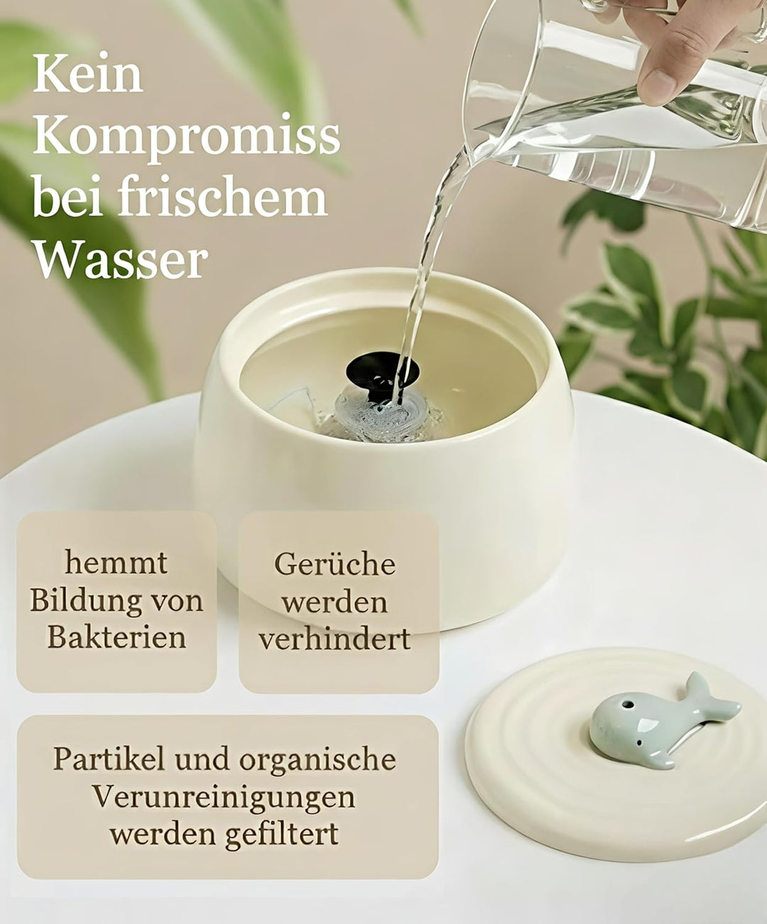 Katzenbrunnen Keramik Set mit Futternapf &amp; 3-Fach Wasserfiltersystem – 1,3L Wasserspender mit Modern