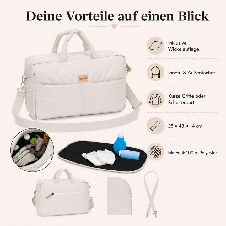 Fillikid Wickeltasche Windeltasche mit Wickelauflage Exklusiv Beige, Beige