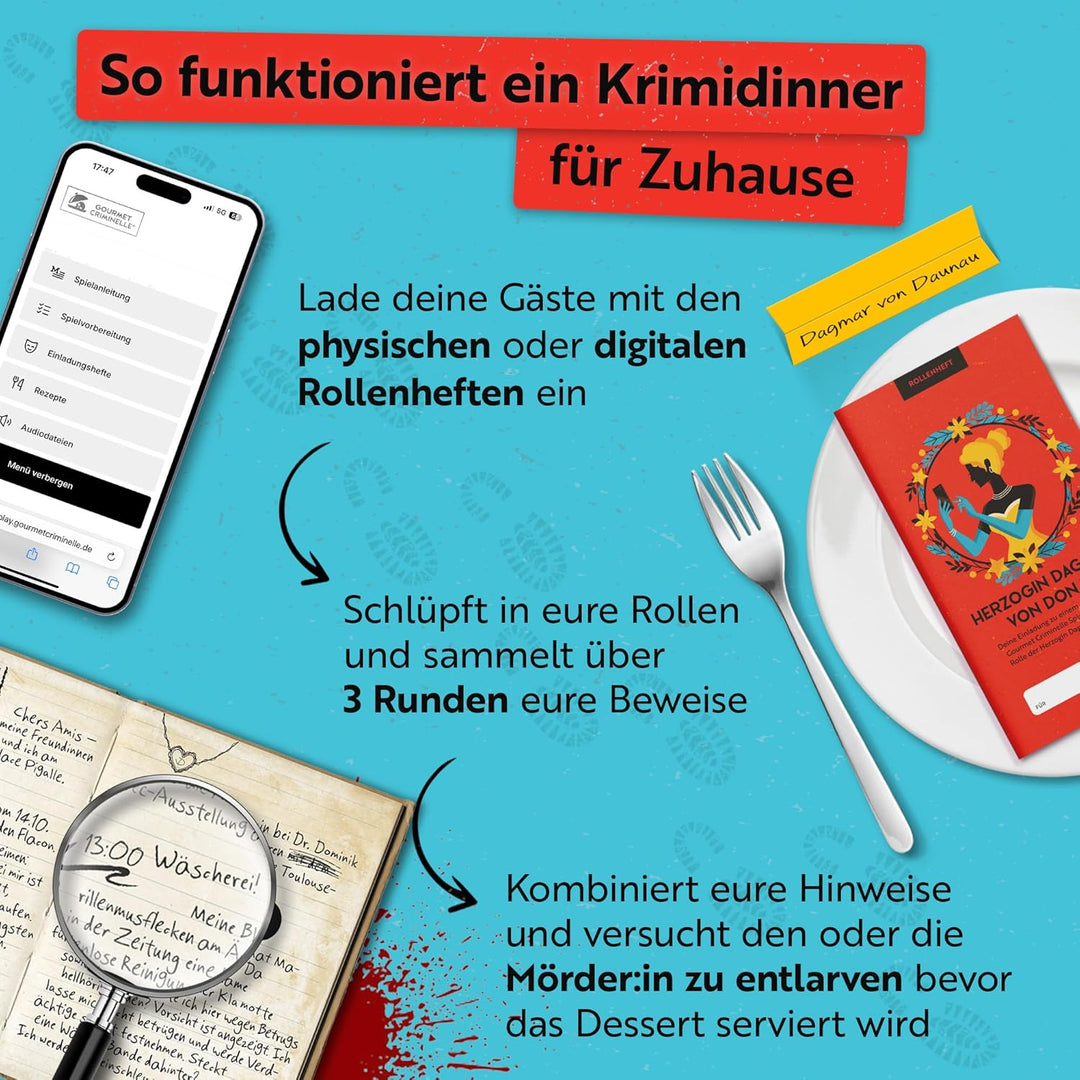 Gourmet Criminelle® Krimidinner für zuhause | 6 bis 8 Personen | Mysteriöser Mordfall für Deine Dinn
