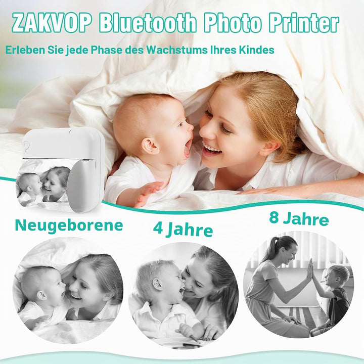 ZAKVOP Mini drucker 300DPI, Mini drucker Aufkleber, Mini drucker für Smartphone, Bluetooth tragbarer
