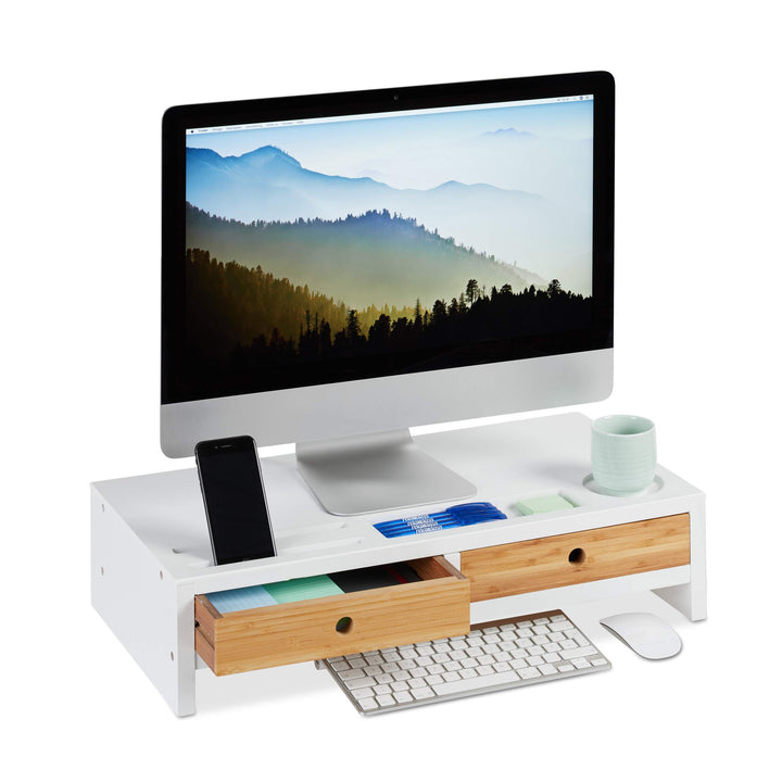Relaxdays Monitorständer Bambus, Bildschirmerhöhung mit 2 Schubladen &amp; Fächern, Lapdesk HBT 14 x 60