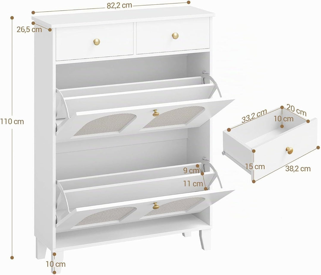Hzuaneri Schuhschrank mit 2 Klappen, Grosser Rattan Schuhschrank Schmal Holz, Trennwand Verstellbar,
