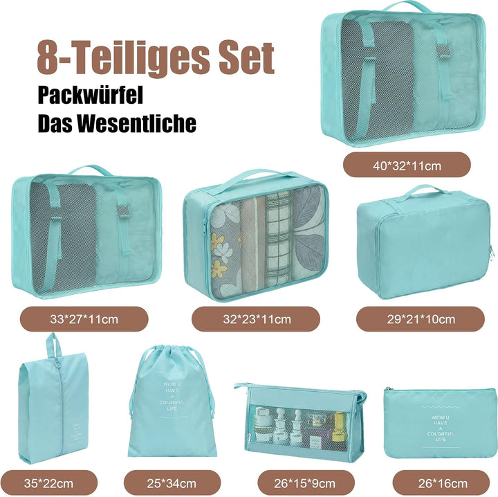 Packing Cubes 8er Set Koffer Organizer Packwürfel Set wasserdicht Türkisblau, Türkisblau