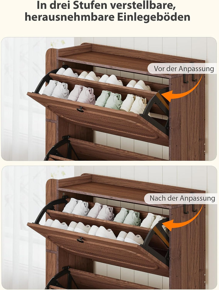 Schuhschrank Schmal mit 2 Klappen, Walnuss Nussbaum, Nussbaum