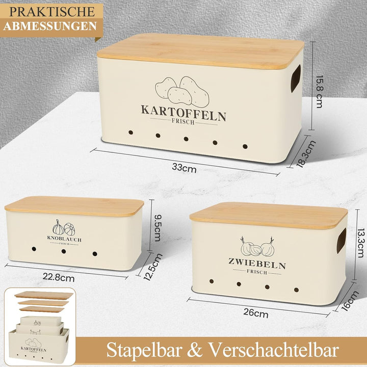 Kartoffel Aufbewahrungsbox 3er Set, Kartoffel Aufbewahrung Vintage Mit Bambusdeckel, Aufbewahrung Ka
