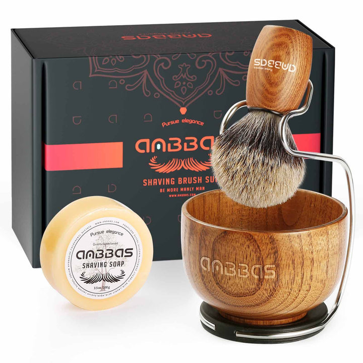 Anbbas 4in1 Rasierset, Reines Dachshaar Rasierpinsel Holzgriff und Grosse Seifenschale,Edelstahl Ras