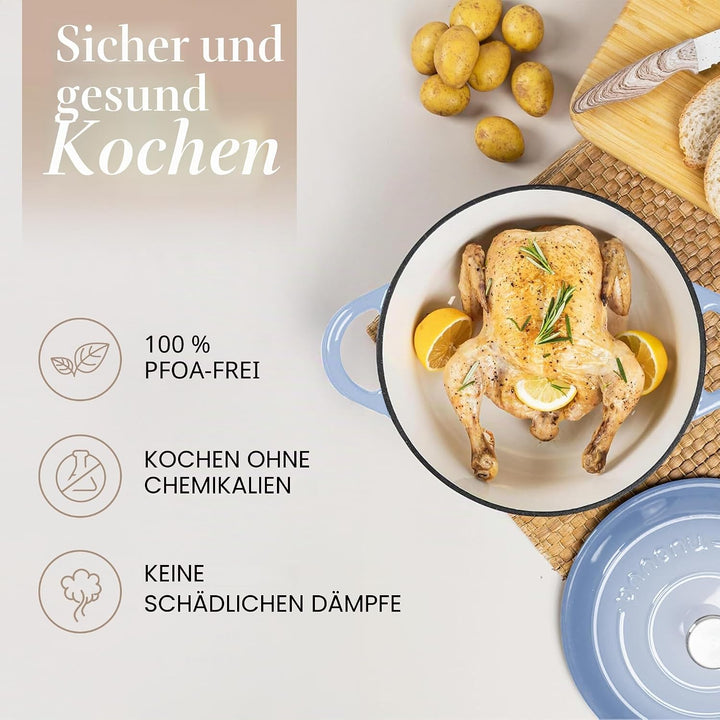 Gusseisen-Ofentopf mit Deckel – Emaille-Schmortopf mit Antihaft, Ofenfest – Küstlich Blau, 6.1 Liter