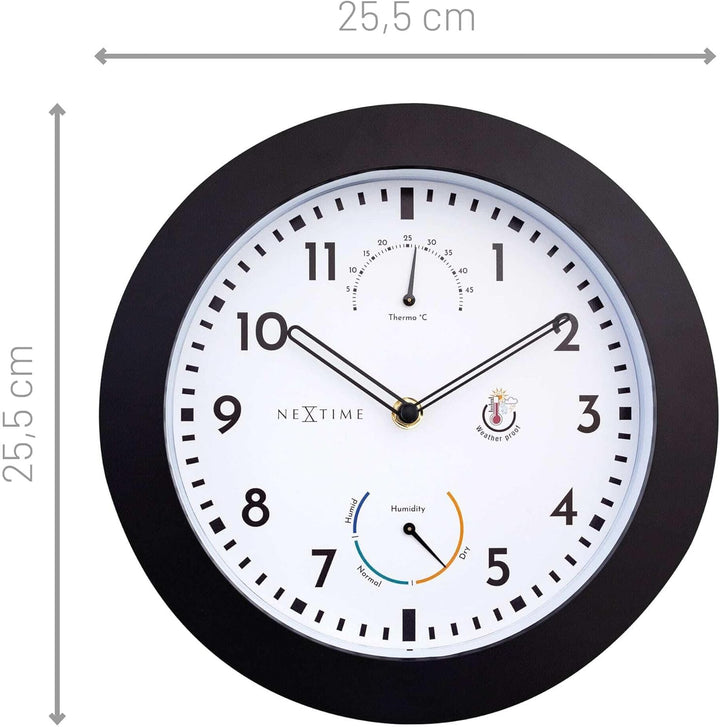 NeXtime Wall Clock (Garden/Inside) 25,5 cm-Time/Temp/Humidity-Black-Plastic Daisy, One Size