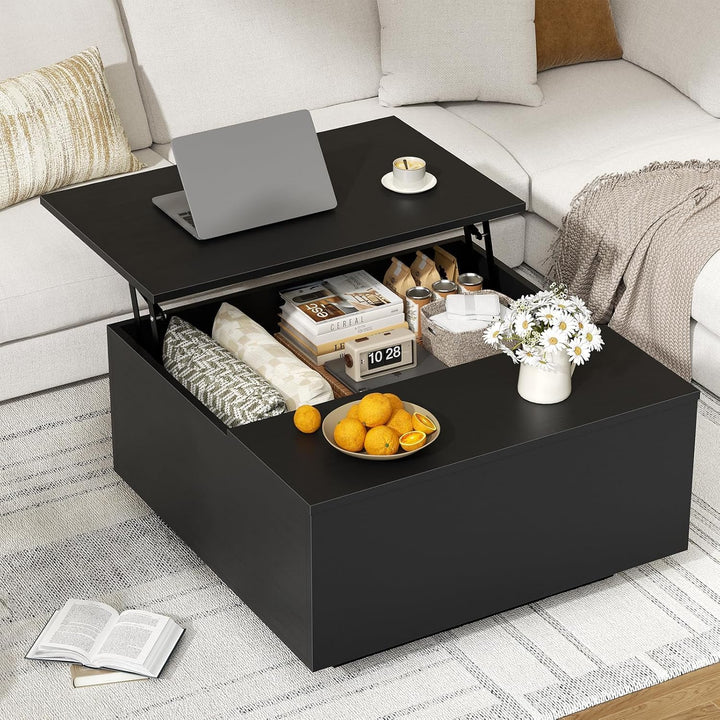 Quadratischer Couchtisch Schwarz mit Lift-Top, verstecktem Stauraum, Schwarz