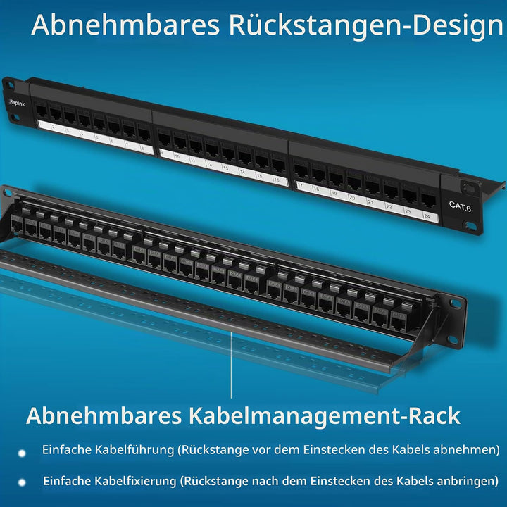Patchpanel 24 Port Cat6 mit Inline Keystone 10G Support, Rapink Pass-Thru Koppler Patchpanel UTP 48,