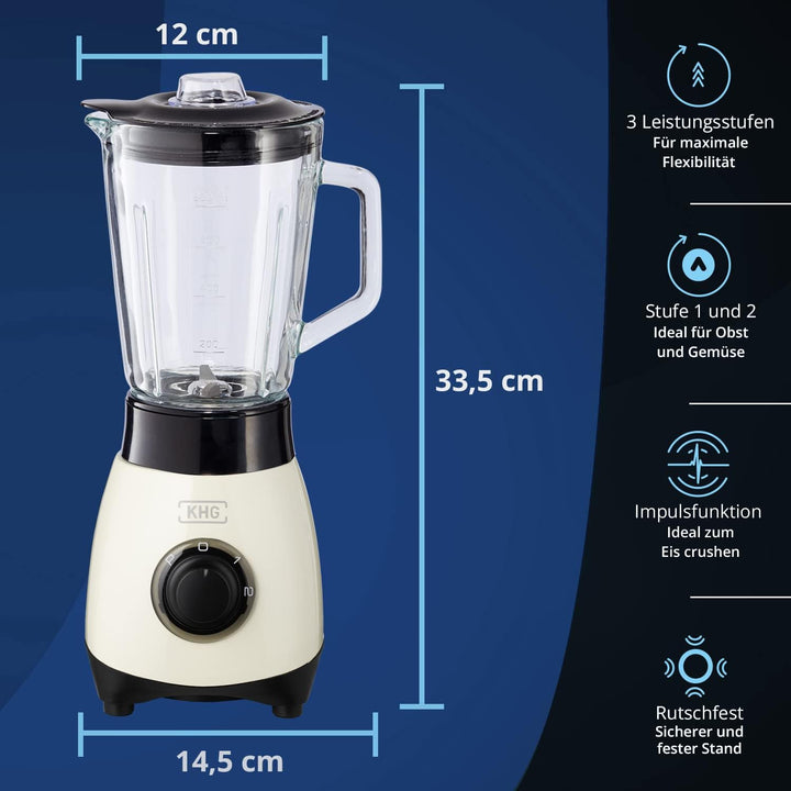 KHG Mini Standmixer 250 Watt mit 0,8 Liter Glasbehälter, Creme | 4-fache 3D Edelstahlklingen, 2 Gesc