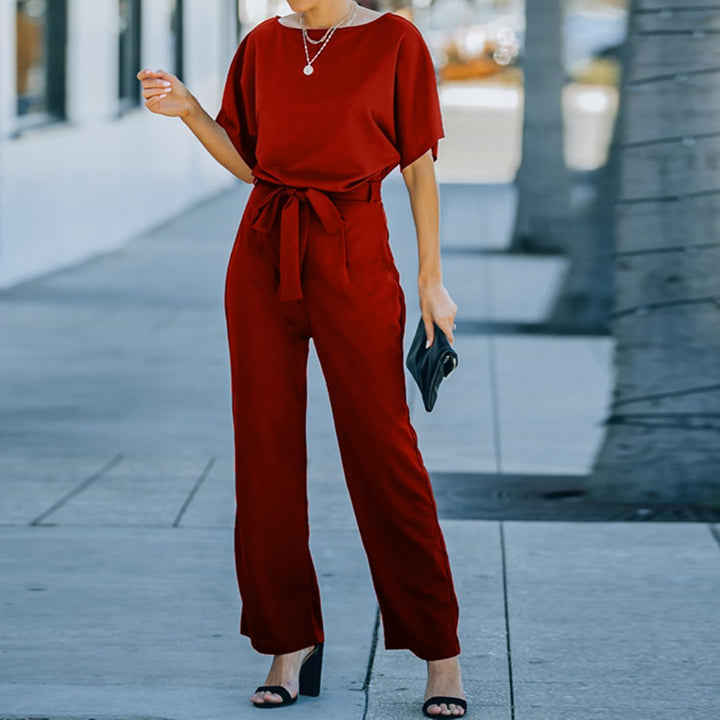 Damen Lang Jumpsuit Overall Hosenanzug Elegant Romper Kurzarm Rundhals Playsuit mit Gürtel Hosenanzu